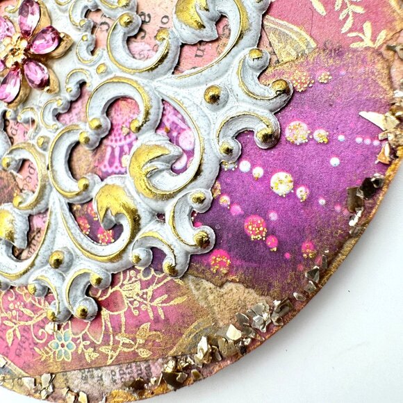 Handcrafted Ornament OOAK Collage Gold White Pink Purple Accents 3" Ribbon - Picture 9 of 11